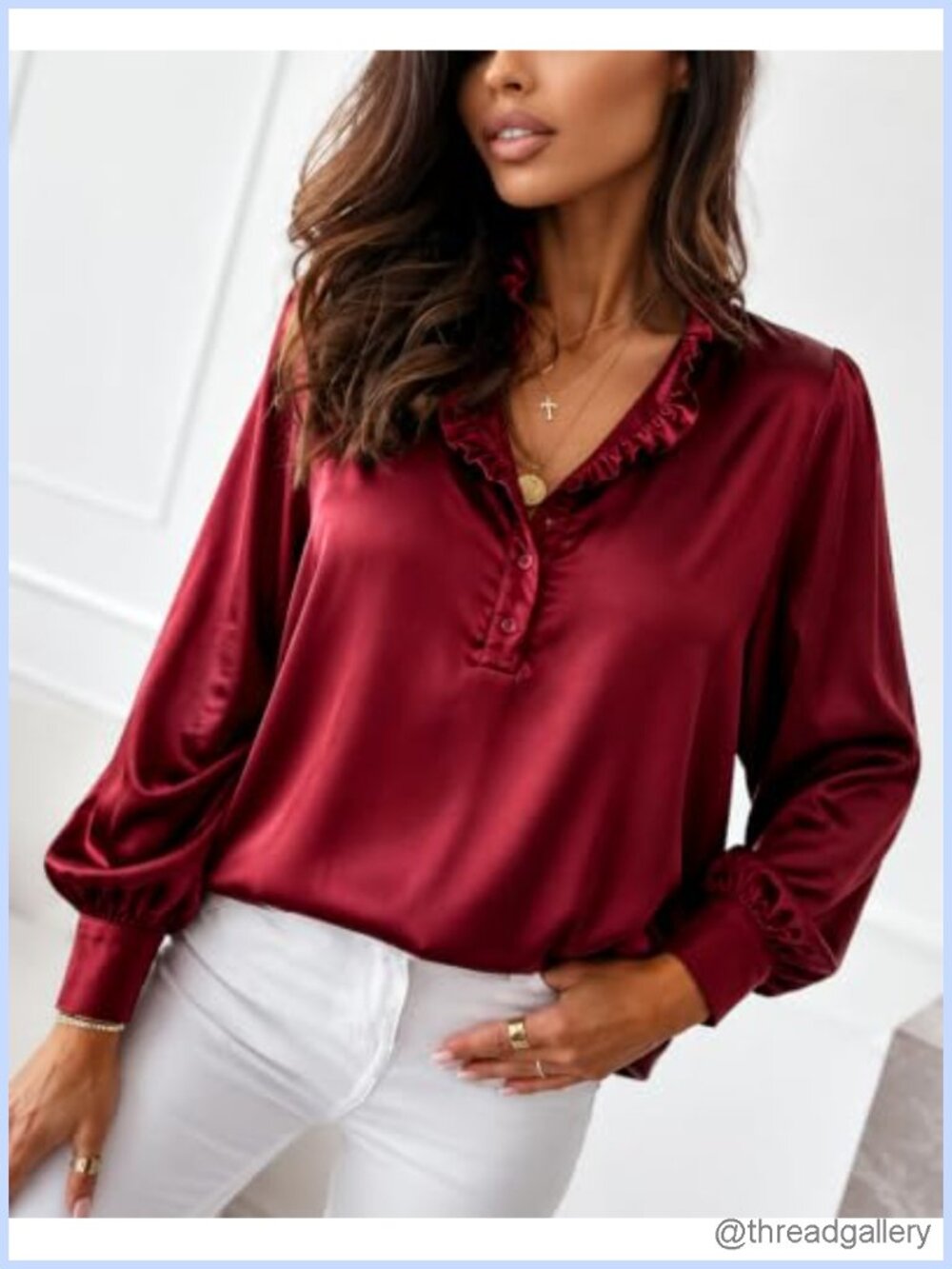 Satin V Neck Ruffled Button Down Blouse - Picture 4 of 6